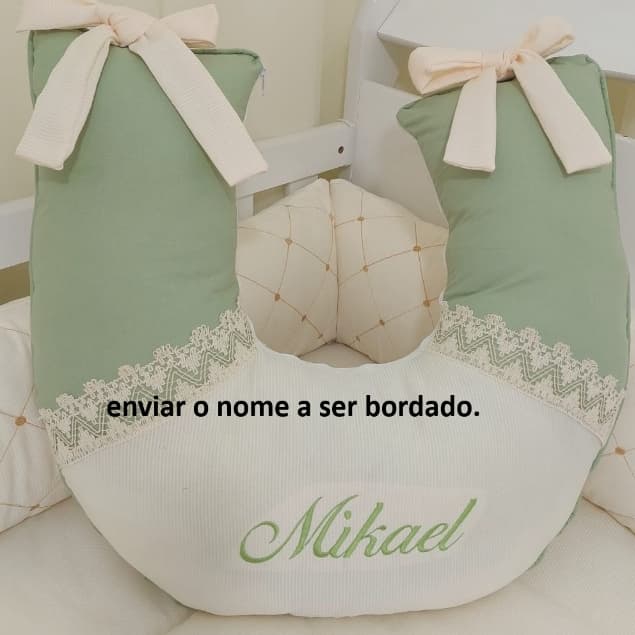 ALMOFADA DE AMAMENTAÇÃO PALHA COM VERDE MENTA E GRIPIER PERSONALIZO O NOME DO SEU BEBÊ LUXO DELICADA