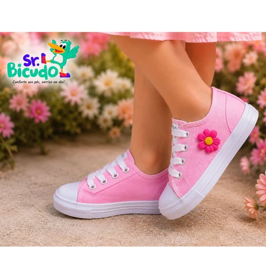 Tênis Infantil Feminino Casual Lona com Detalhe de Flor