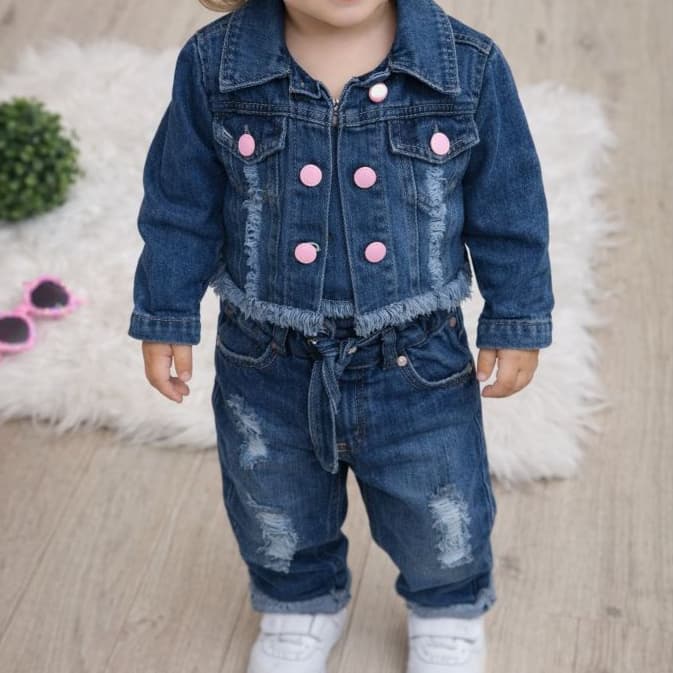 Conjuntinho Jeans Molinho Meninas Calça Capri Laço e Jaqueta Jeans 01 a 03 anos