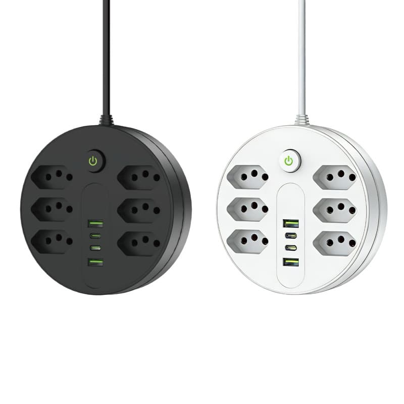 Filtro de Linha com cabo Extensão 6 Tomadas + 2 USB  + 2 Tipo-C Proteção Contra Surtos 2500W 10A Bivolt Compacto