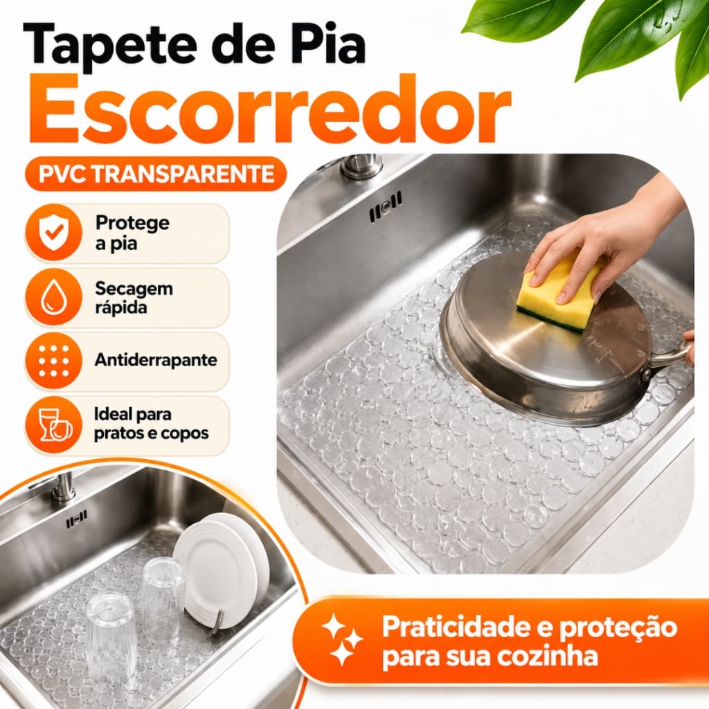 Tapete de Pia Aparador Escorredor de Louça Silicone Porta Pratos Copos Talheres Fixação por Ventosas
