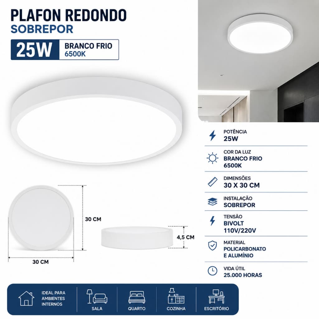Plafon LED Redondo Sobrepor 25W 30x30 Branco Frio 6500K Mayler