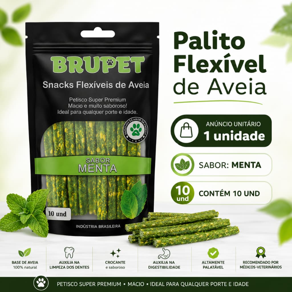 Palito Flexível Aveia Sabor Menta Brupet 10 Unidades Petisco Natural Premium Bifinho Cães Cachorro