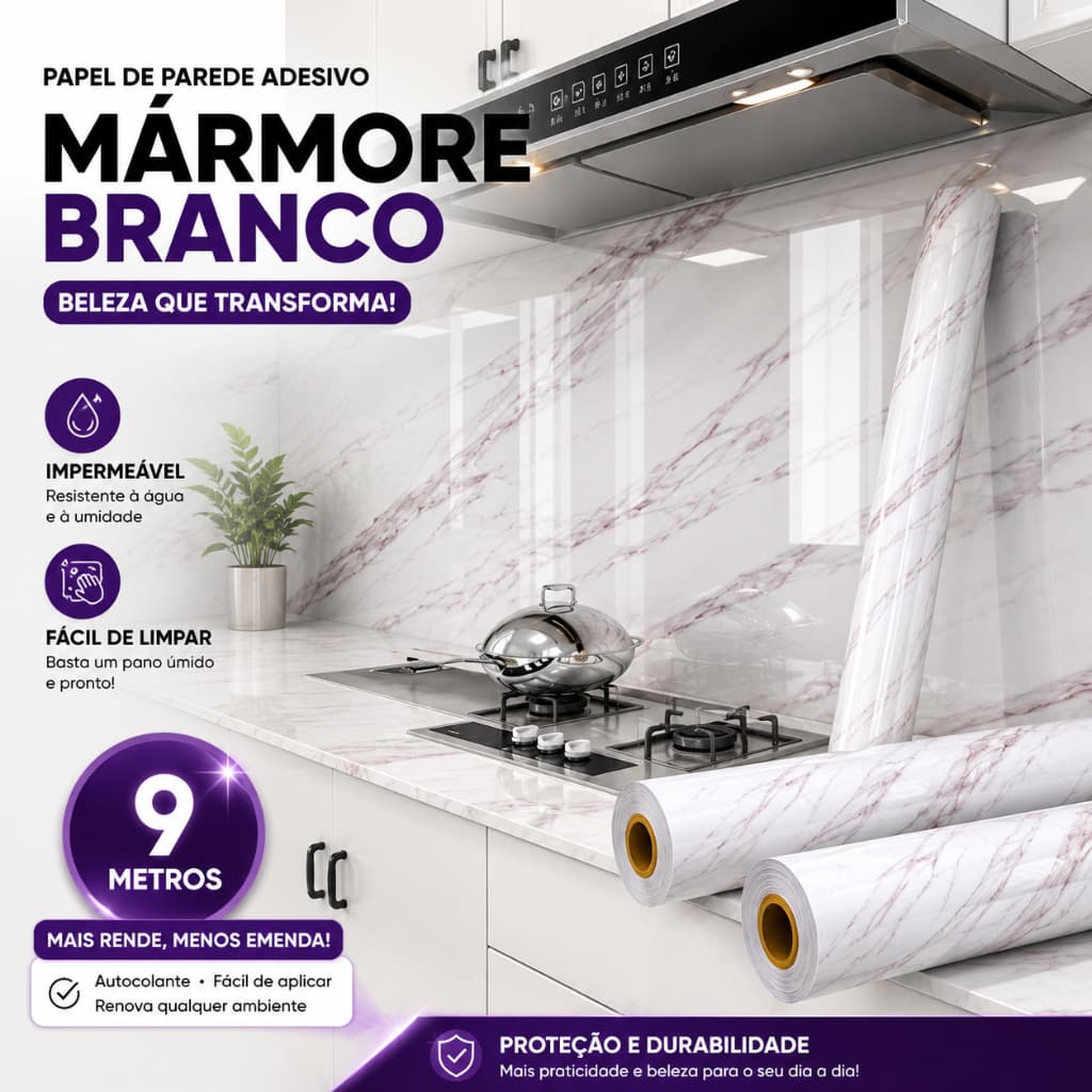 Papel de Parede Adesivo Marmore Branco 3m 6m 9m Impermeável Lavável Antimofo Quarto Sala Banheiro