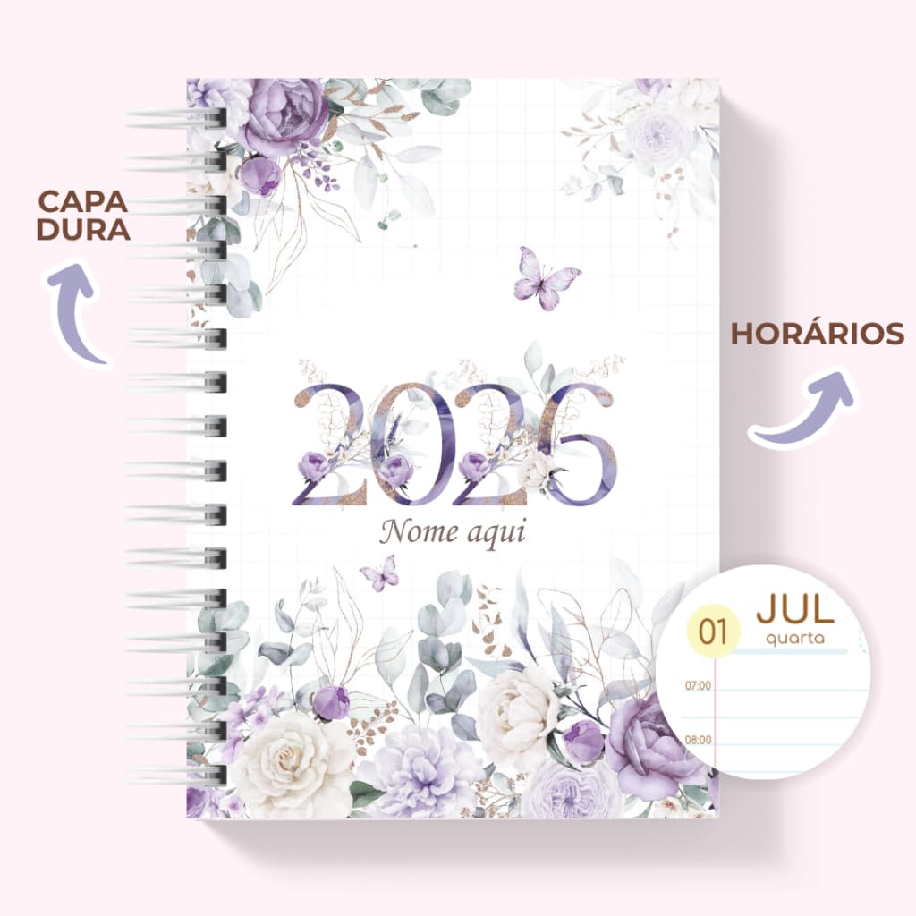 Agenda 2026 Feminina Personalizada com Nome Capa Dura A5 Planner Diário 1 Dia por Página e Horários