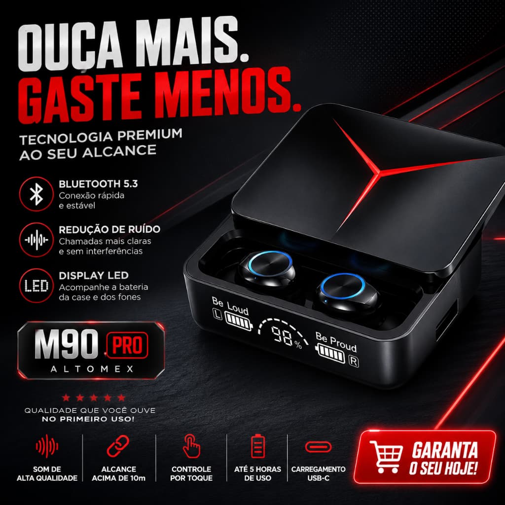 Fone Bluetooth Altomex M90 Pro Sem Fio Bluetooth 5.3 TWS Display LED Case Deslizante Controle Touch