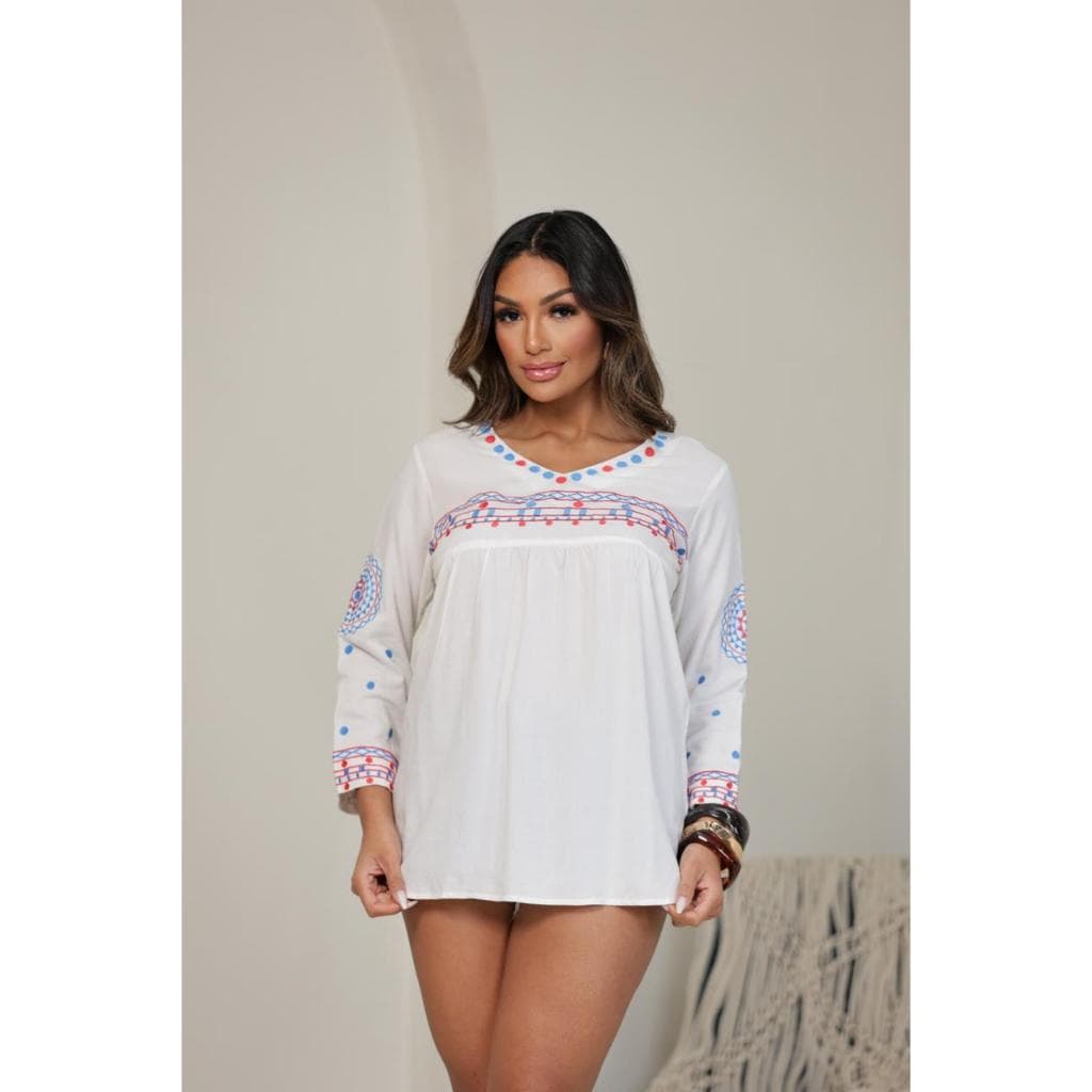 Bata Indiana Feminina Branca Bordada Manga Longa Boho Chic Casual Elegante Confortável Moda Indiana Premium