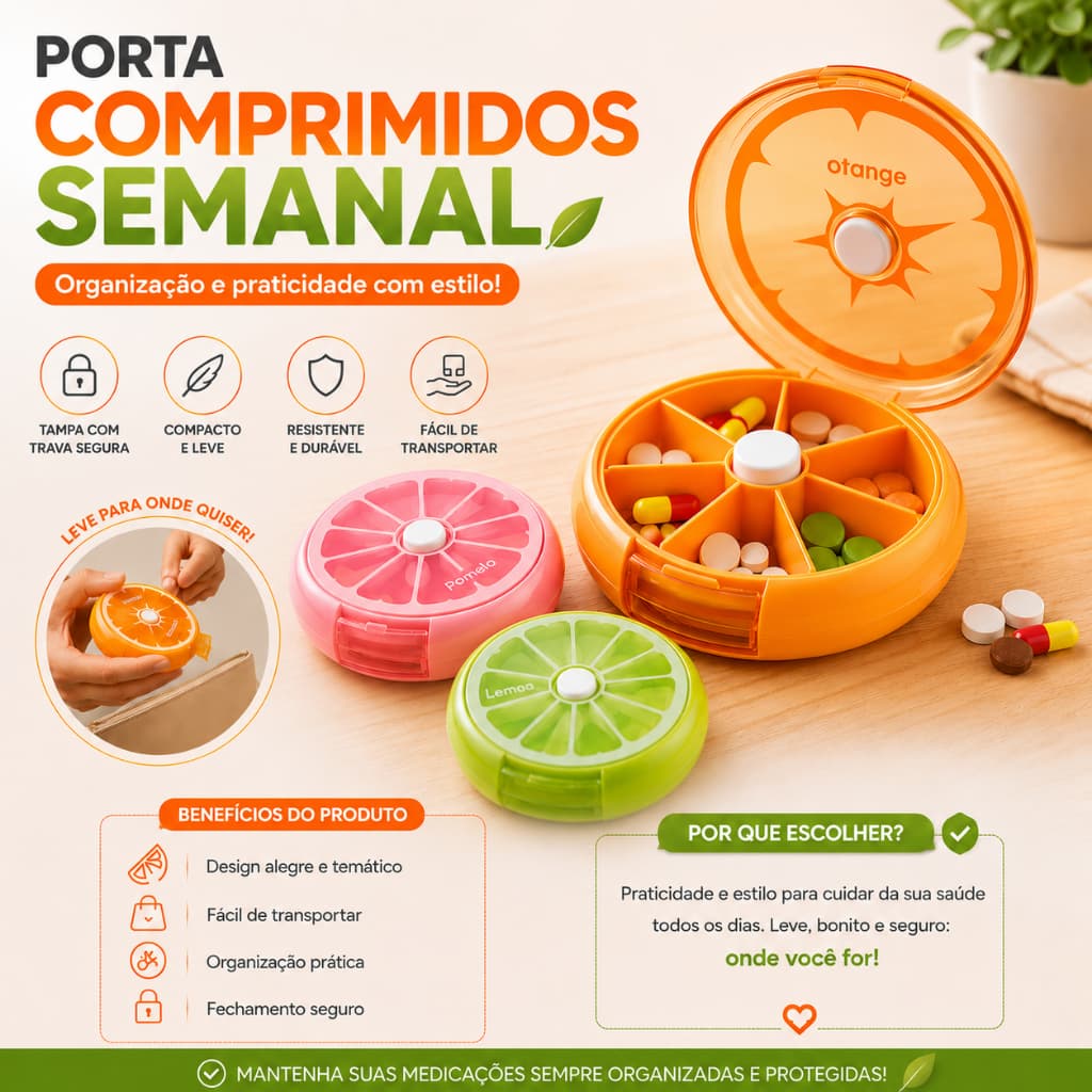 Porta Comprimidos Semanal Portátil com Compartimentos Coloridos Design Fruta Organizador de Remédio