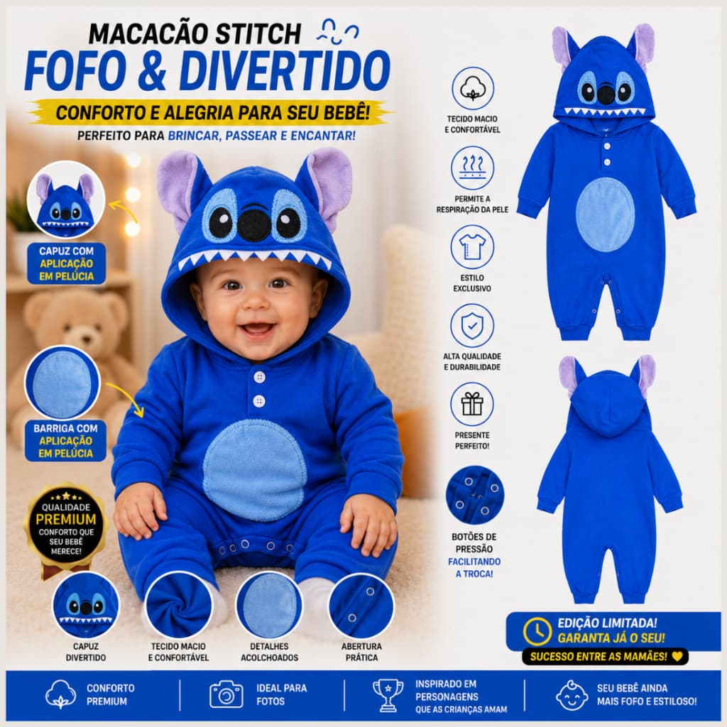 Roupa de Bebê Macacão Tematicos Personagens com Capuz  STITCH