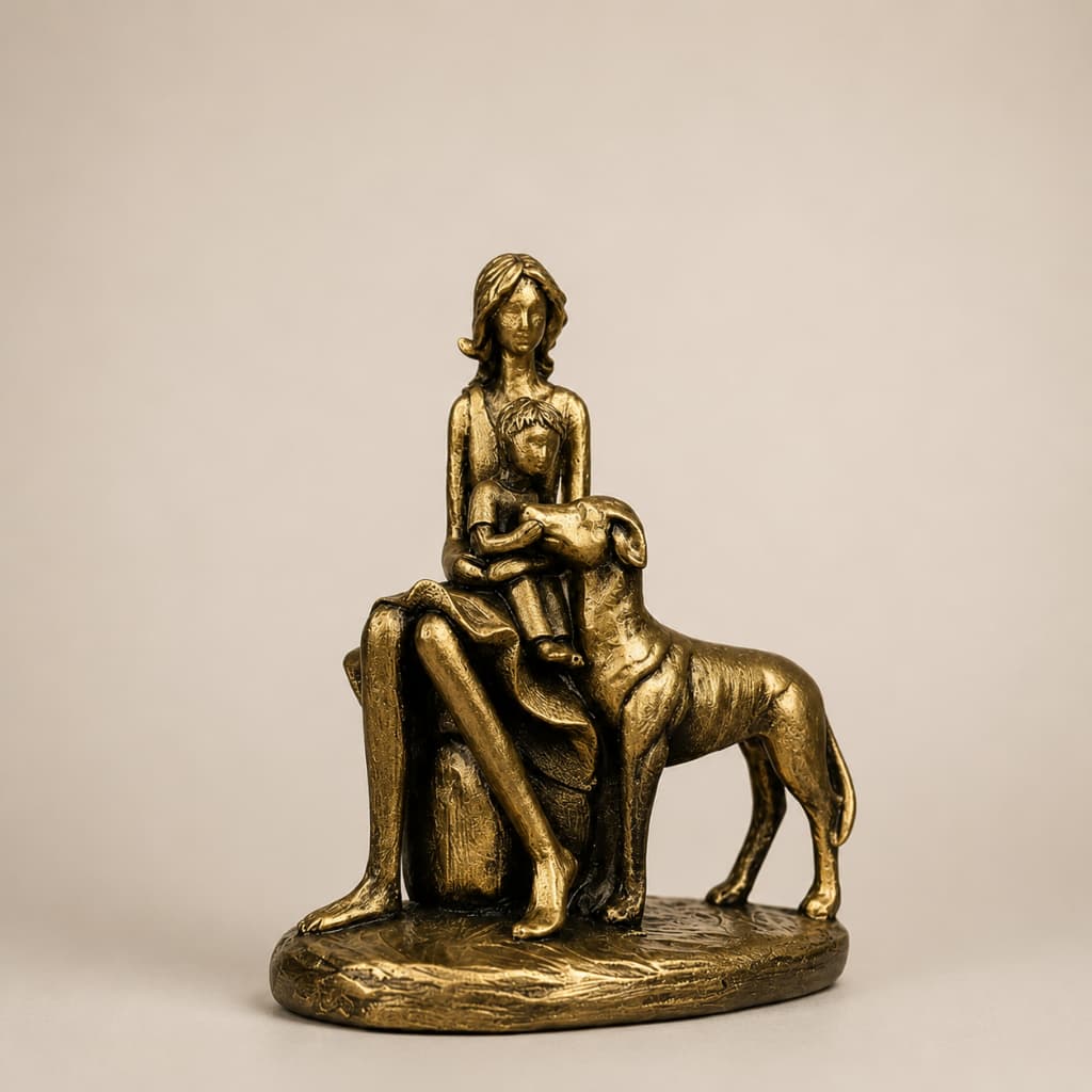 Estatua Escultura Mãe com Filho e Cachorro - Maternidade Família Amor Cão Presente Mães- Decoração