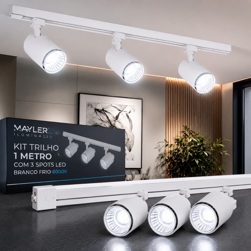 Trilho Eletrificado 1MT Branco com 3 Spots 10W Branco Frio Mayler