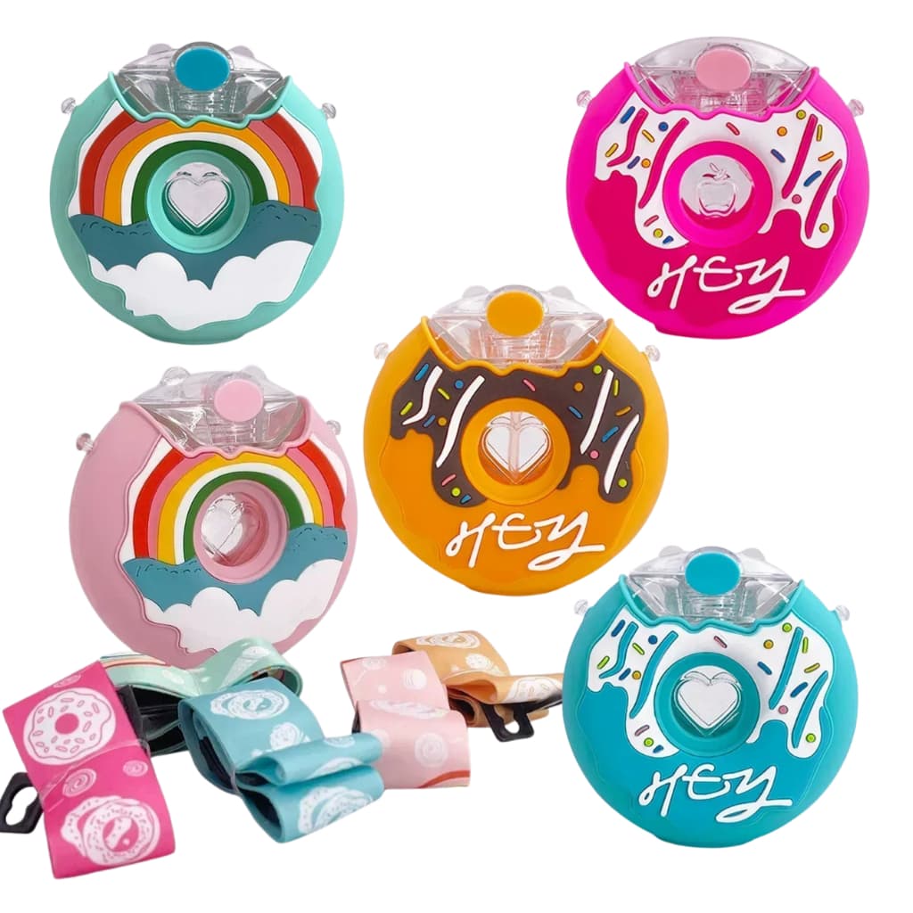 5 Garrafa Água Infantil Squeeze Donut 380ml Com Tampa Antivazamento Menino Menina Rosquinha Escolar