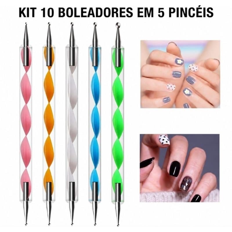 Kit 10 Boleadores em 5 Pincéis De Unha com Ponta Dupla Decoração de Unhas Profissional e Perfeita