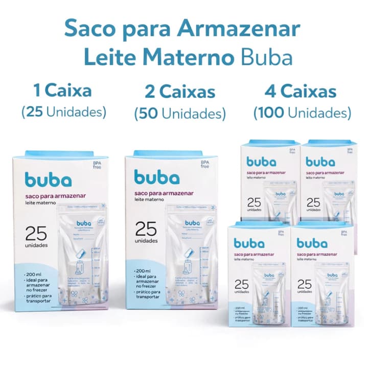 Saco de Leite Materno para Armazenar Amamentação e Congelar  Buba Kits 25, 50 ou 100 Unidades Descartável