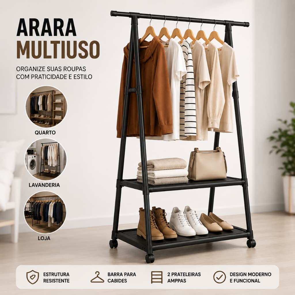 Arara de Roupas com Prateleiras Cabideiro Organizador Multiuso Closet Quarto Preta