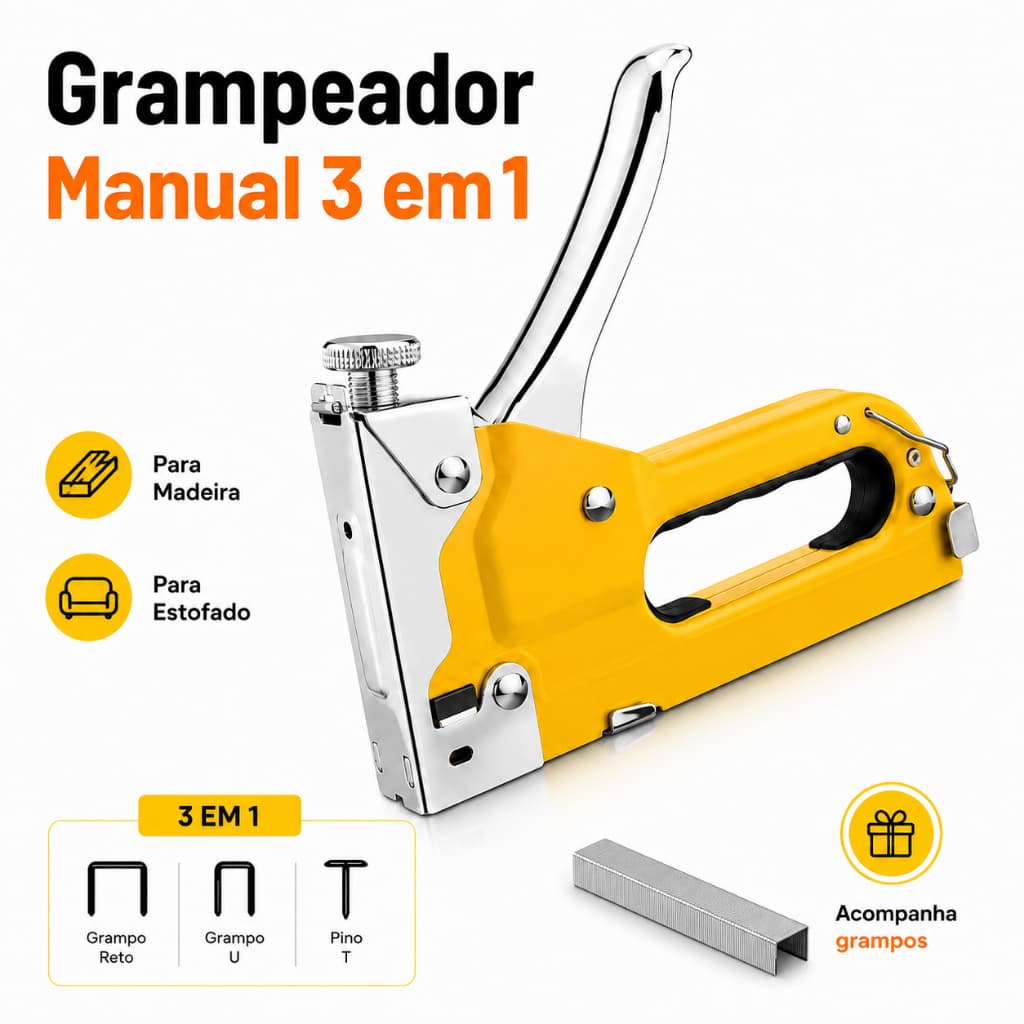 Grampeador Tapeceiro Manual 3 em 1 Profissional para Madeira Estofado Tapeçaria com Pressão Ajustável e Grampos Inclusos