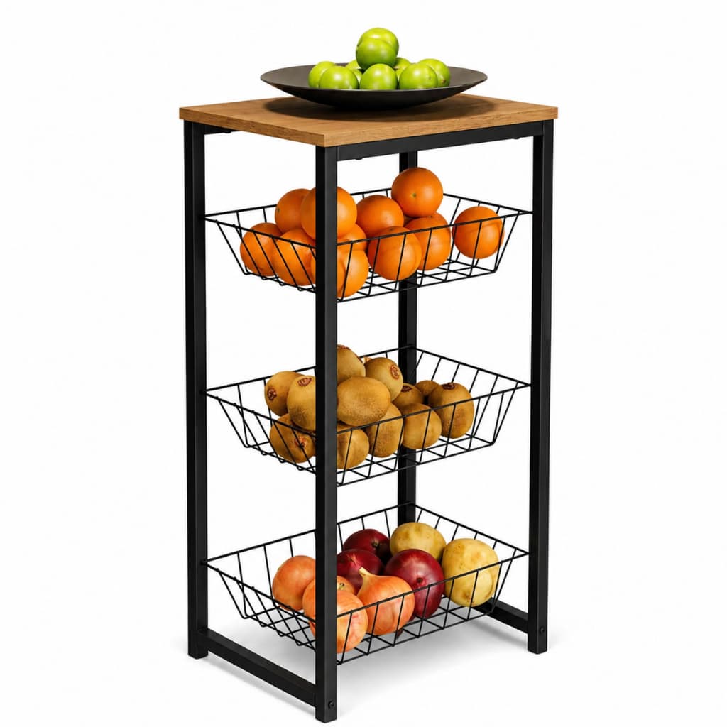 Fruteira de Chão 3 Cestos Removíveis Aço Reforçado Tampo MDF Organizador Cozinha Premium
