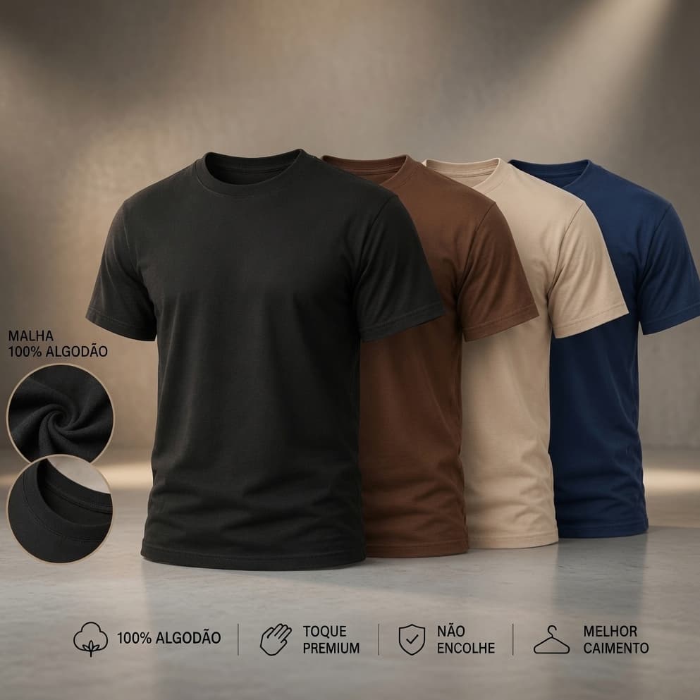 Kit 4 Camiseta Algodão Básica Dia a Dia 100% Premium Varias Cores Lisa Confortável Macia Leve Dia Dos Pais P ao GG