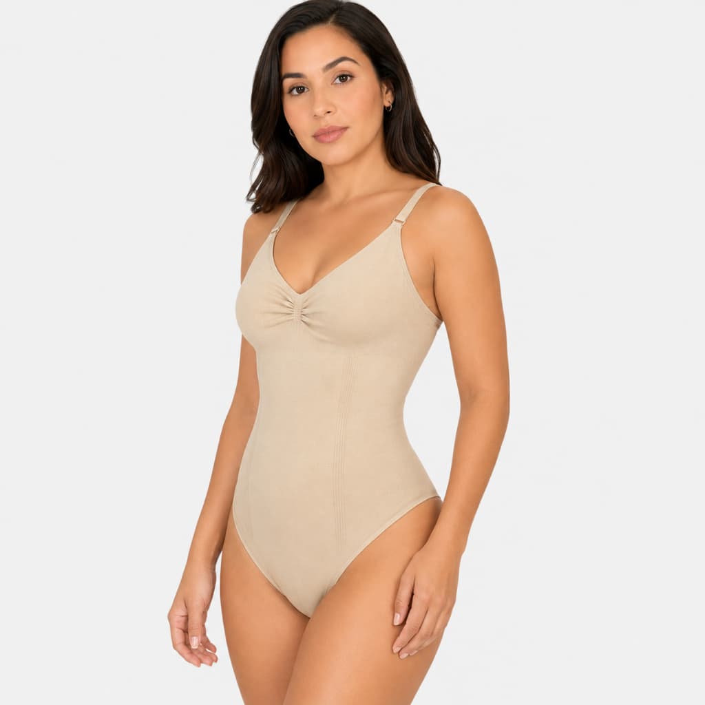 Body Cinta Modeladora Feminina Alta Compressão Alça Ajustável Sem Bojo Bege e Preto