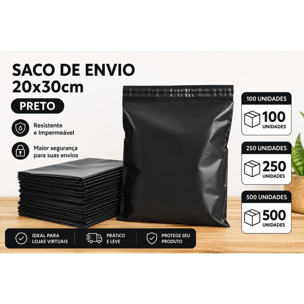 Envelope de Segurança 20x30cm Preto para Envio | 100/250/500 Unidades