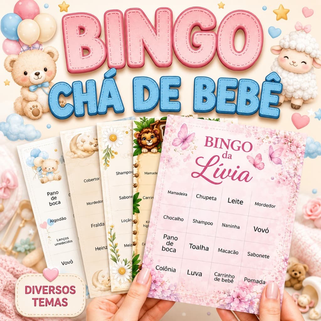 Bingo Chá de Bebê e Chá Revelação Personalizado | Kit Completo Impresso | Personalizado com Nome
