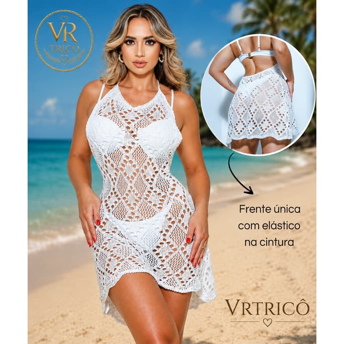 Saída de Praia Tricot Crochê Frente Uníca Com Elástico Na Cintura Tendência Moda Praia