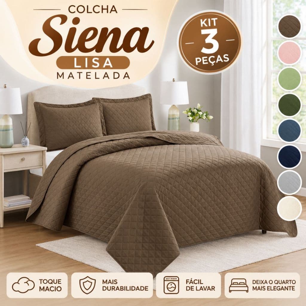 Colcha Cobre Leito Matelada Lisa 3 Peças Siena Queen King Toque Macio Luxo