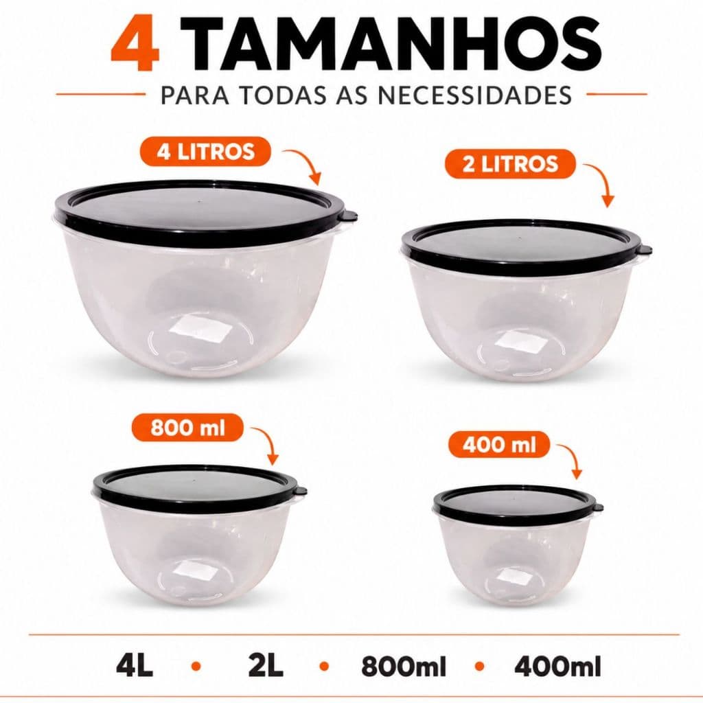 Kit 4 Potes Bowls -  4L - Porta Mantimento C/Tampa Hermetica - Tigela - Plastico FREE BPA  - Frezeer - 4 Peças