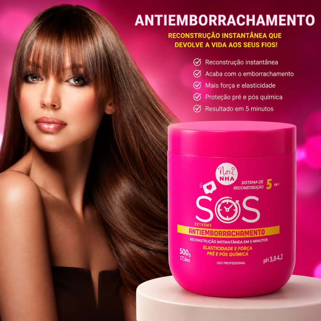 Máscara SOS Antiemborrachamento 500g Reconstrói Fios Danificados Pós Química e Progressiva