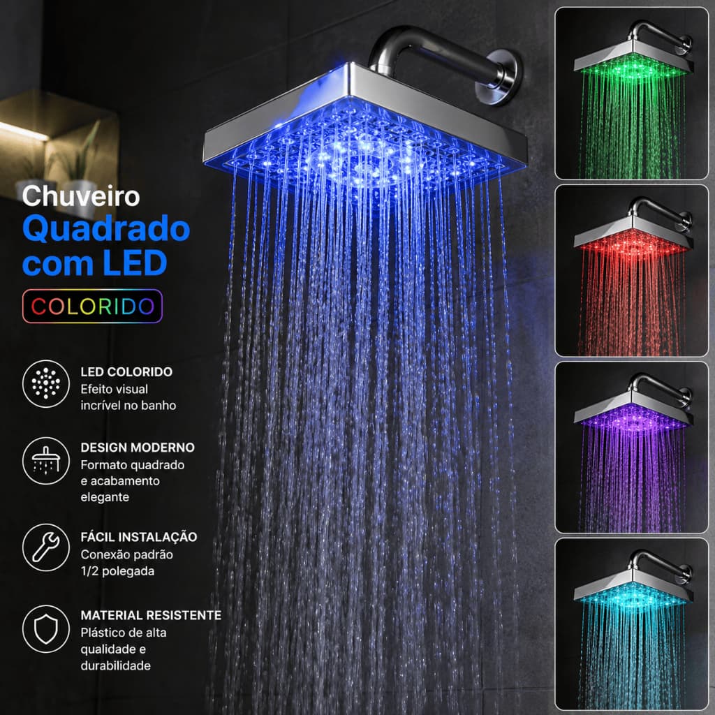 Ducha LED Quadrada 6 Pol 1/2 Colorida Chuveiro Moderno para Banheiro Universal