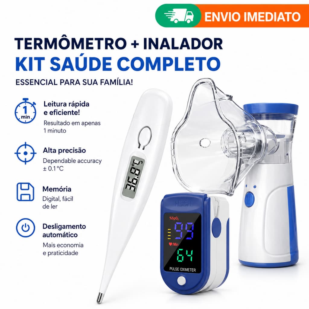 Kit Completo Oximetro Digital + Termômetro Digital Clinico + Inalador Ultrasonico Mesh Portatil Adulto e Infantil