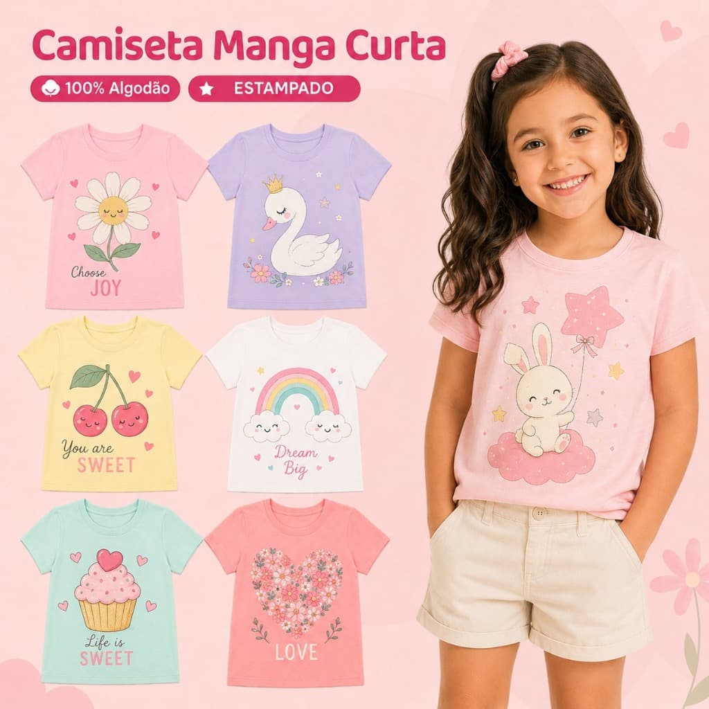 Kit 5 Camisetas Infantil Menina Manga Curta 100% Algodão Estampadas Fofas Tamanhos 4 6 8