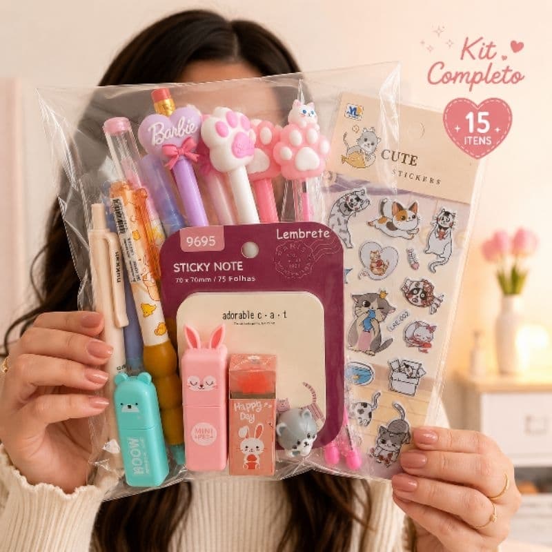 Kit Papelaria Fofa 15 Itens Kawaii | Canetas, Marca-Texto e Adesivos