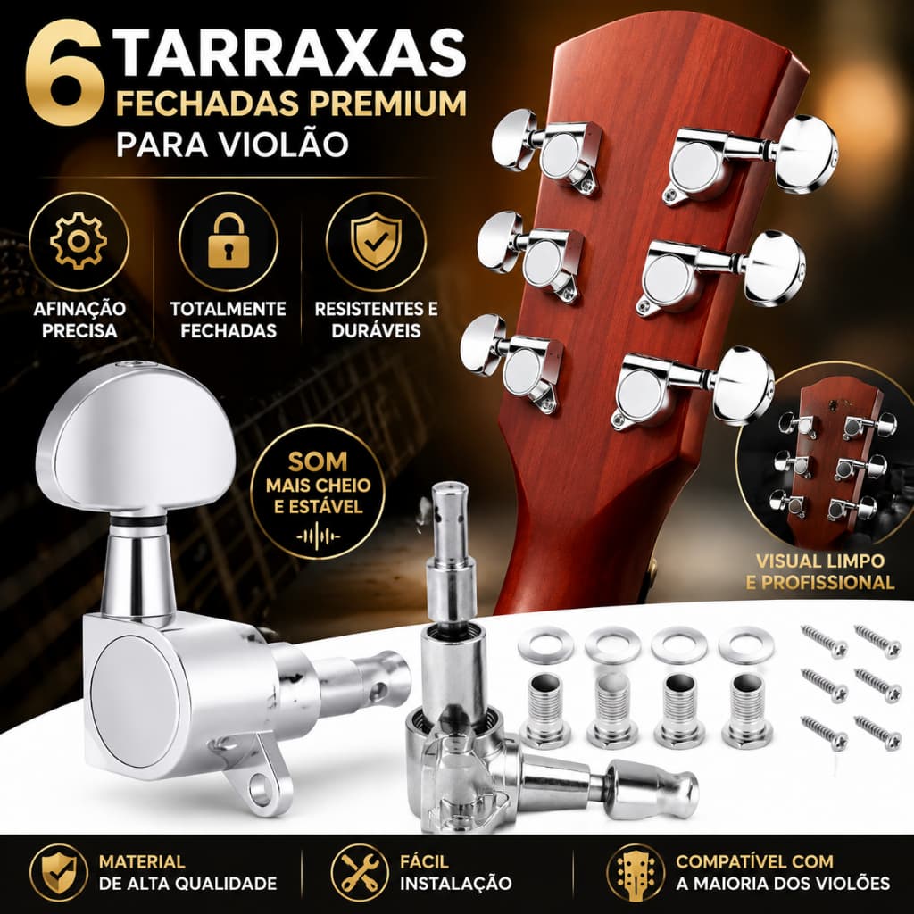 6 Peças Tarraxa de Guitarra Fechada Cromada, Afinador Metálico Universal para Violão Elétrico e Folk, Envio de São Paulo