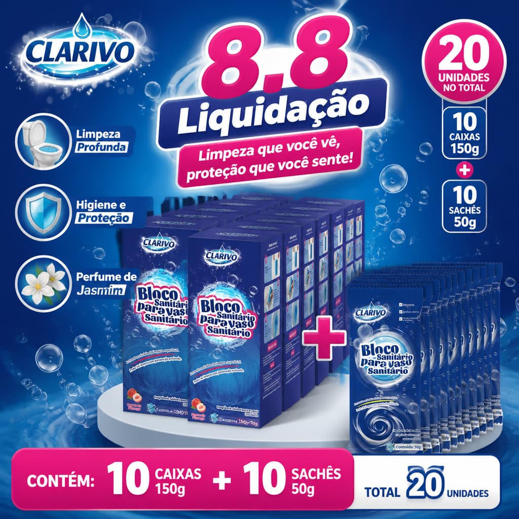 CLARIVO Bloco Sanitário para Vaso Sanitário Kit com 20 Unidades, Limpeza Profunda, Elimina Odores e Previne Resíduos