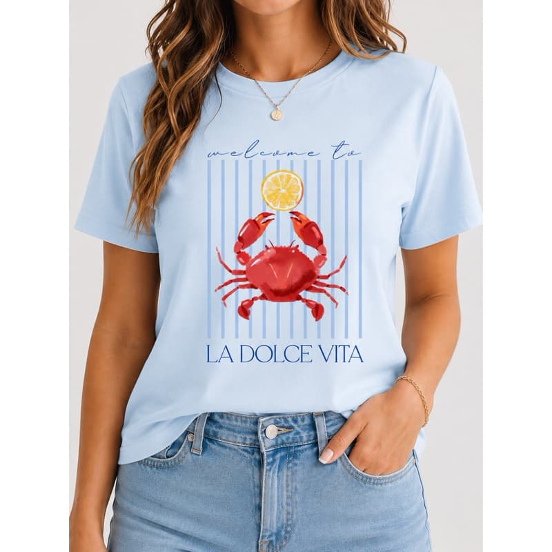 Camiseta T-Shirt Feminina La Dolce Vita Estampa Caranguejo Premium Baby Look Algodão Verão Casual