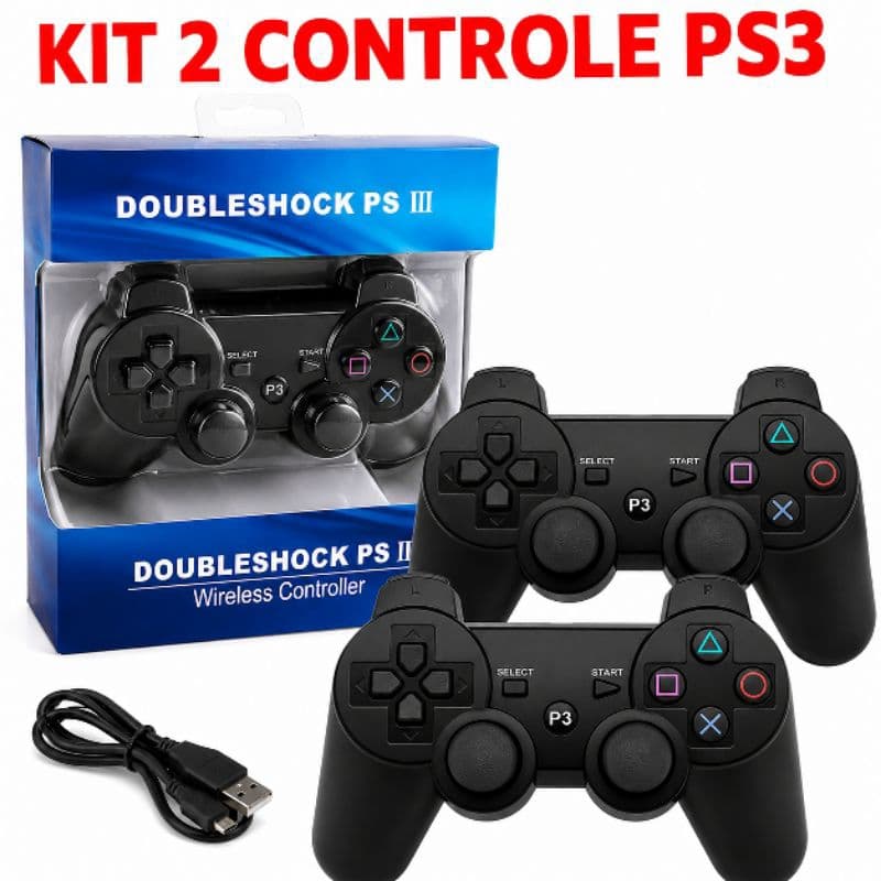 Kit 2 Controles PS3 Sem Fio Wireless Bluetooth + Cabo USB | Compatível com PlayStation 3