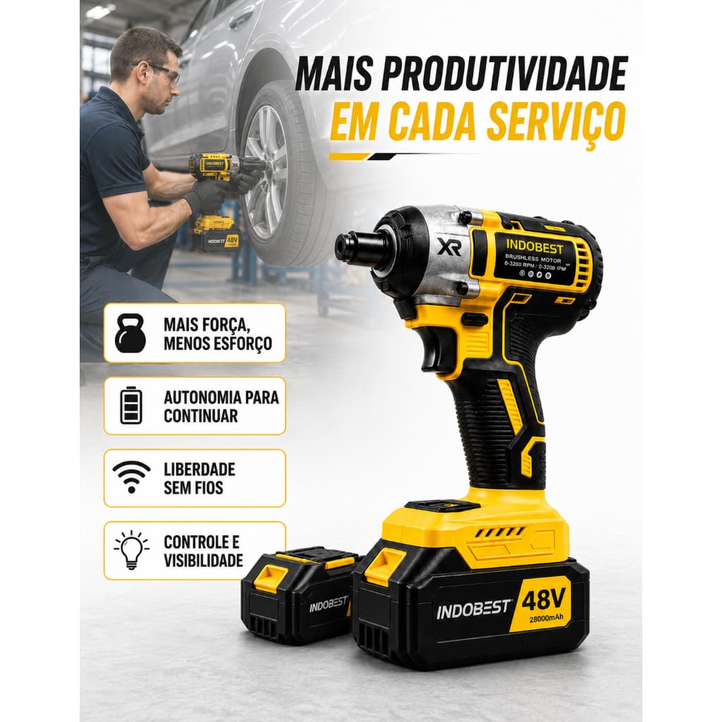 Chave de Impacto Martelete 2x Baterias 48v com kit Maleta Soquetes Bits Brocas Adaptador e Carregador de baterias Garage