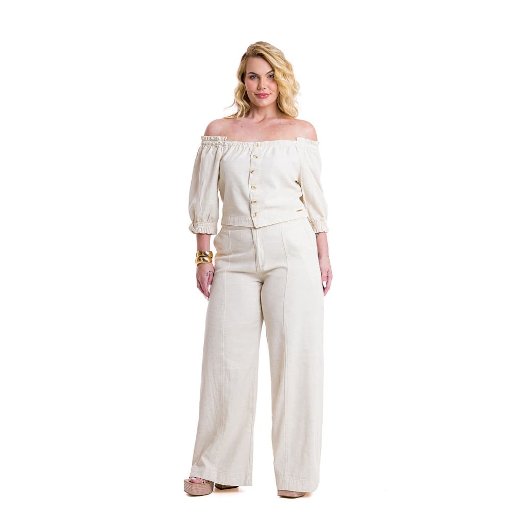 Conjunto Plus Size Cropped e Calça Pantalona de Linho Premium Social Alfaiataria