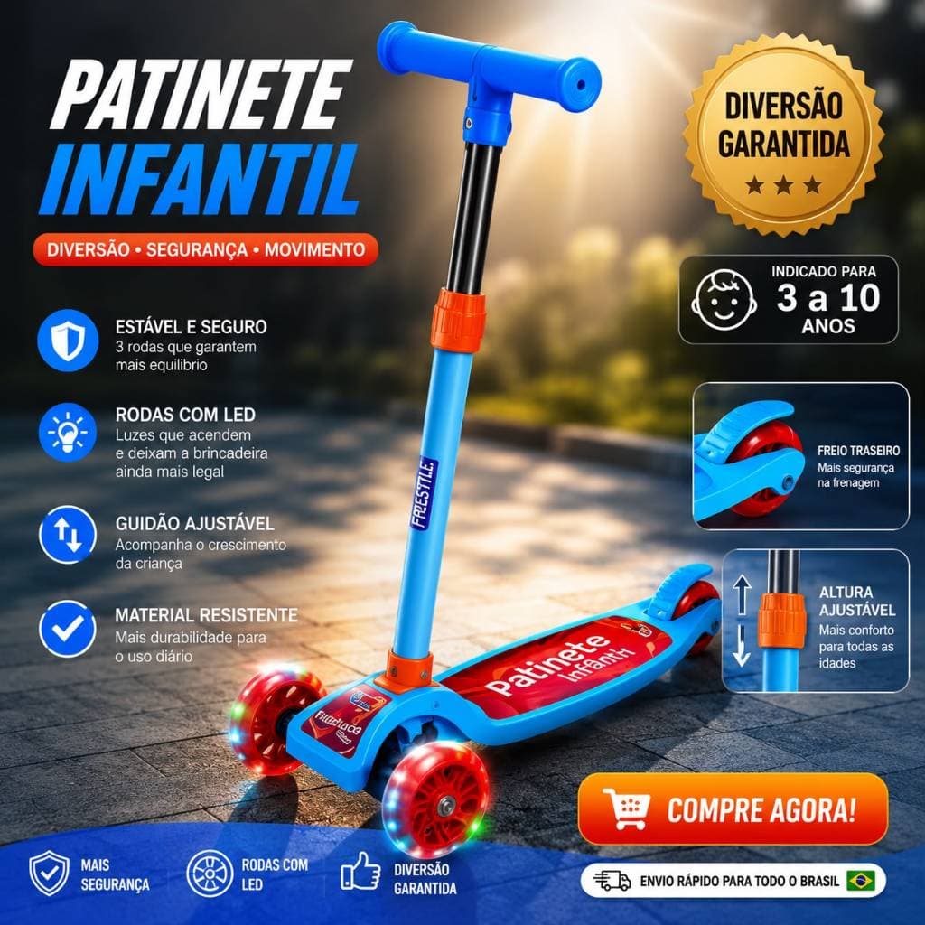Patinete Infantil Menina Menino 3 rodas acende luzes aguenta 50kg