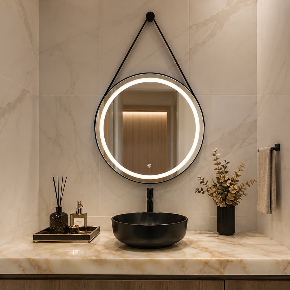 Espelho Adnet Jateado Led 3 Tons de Luz Botão Touch+ Pendurador Couro Ecológico Fonte Slim