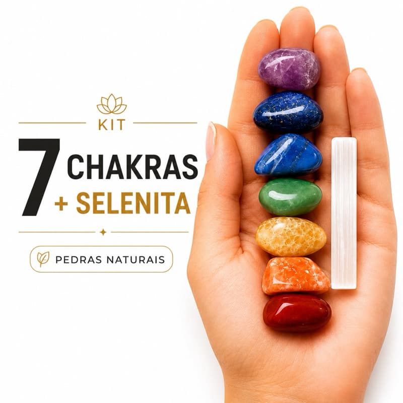Kit 7 Chakras com Cristais Naturais Bastão de Selenita Reiki Meditação Terapias Energéticas Yoga Presente