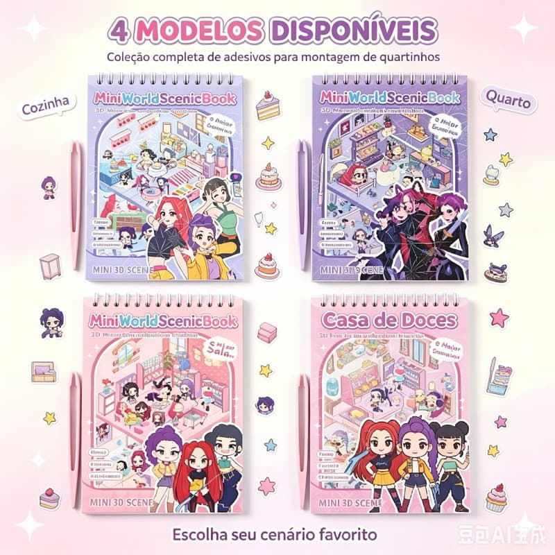 Caderno com Adesivos 3D Livro Cenários Kawaii DIY Scrapbooking Paisagismo Fofo Disponíveis para Montagem de Quartinhos