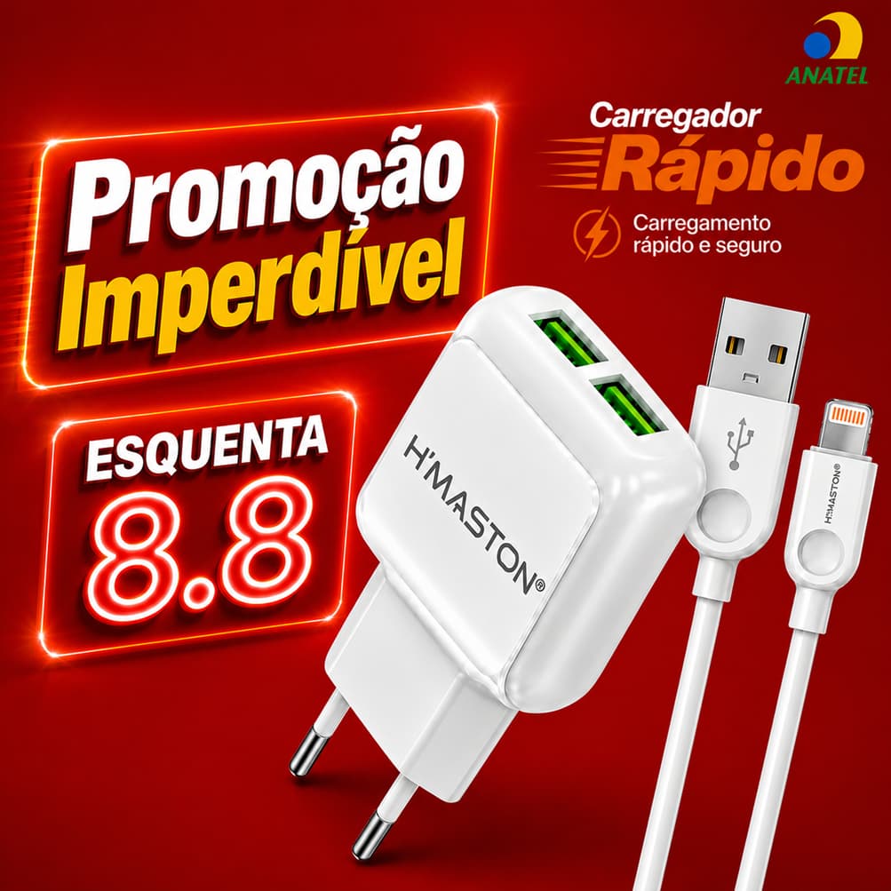 Carregador Rápido H'Maston Y29-1 2 USB com Cabo | Carregamento Rápido Portátil Universal para Android e iPhone