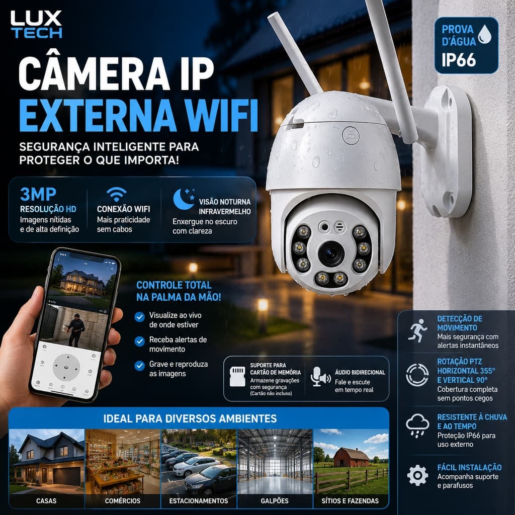Camera Ip Prova D'agua Infravermelho Externa Wifi Hd 3
