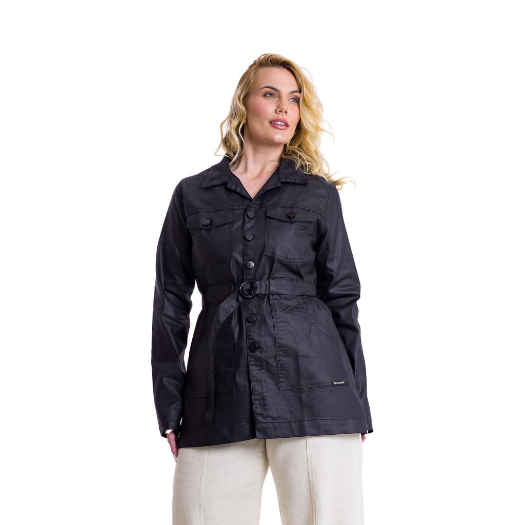Jaqueta Parka Feminina Plus Size Jeans Resinado Tipo Couro Sobretudo Inverno