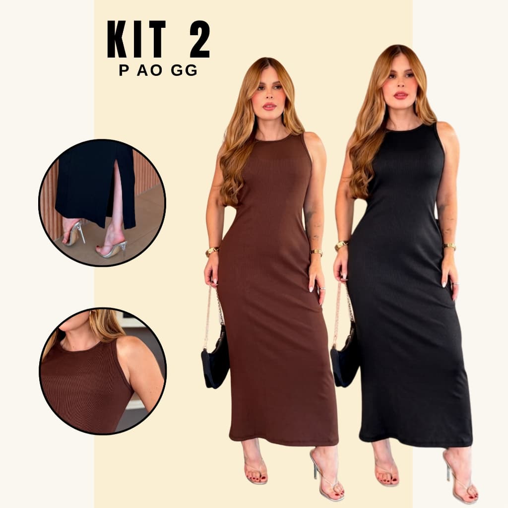 Kit 2 Vestidos Longos Femininos Com Fenda Sem Manga Gola Redonda Midi/Longo em Tecido Premium.
