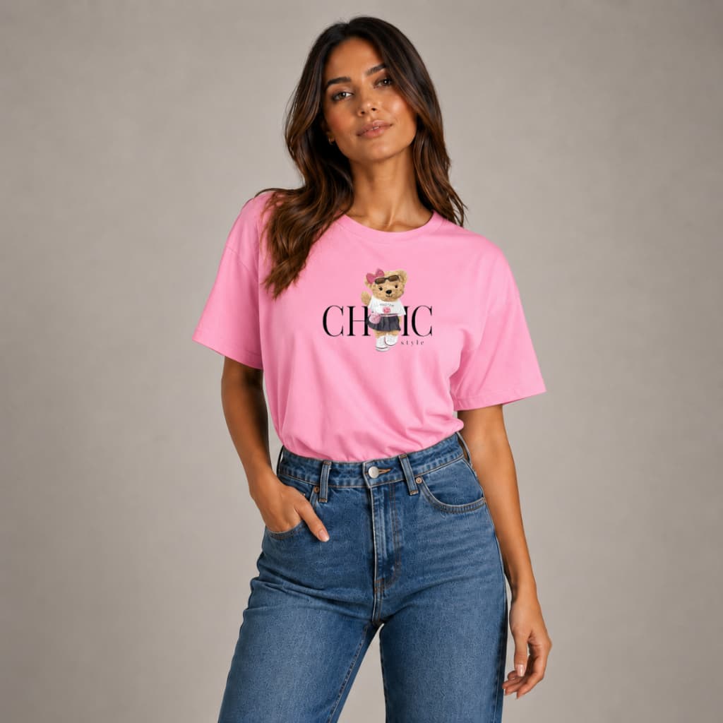 Camiseta T shirt Feminina Urso Boho Chic Estampado Premium Camisa Algodão 30.1 Premium Alta Qualidade