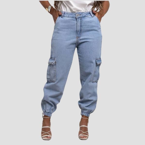 Calça Jeans Feminina Cargo Jogger