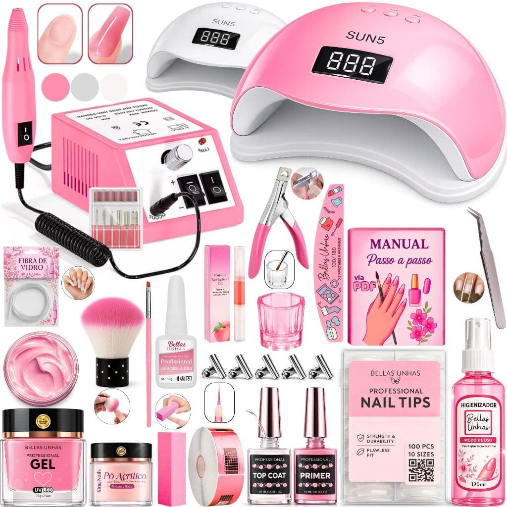 Kit Completo para Alongamento de Unhas em Gel, Fibra e Tips com Cabine Sun 5 48W e Lixadeira Elétrica Profissional